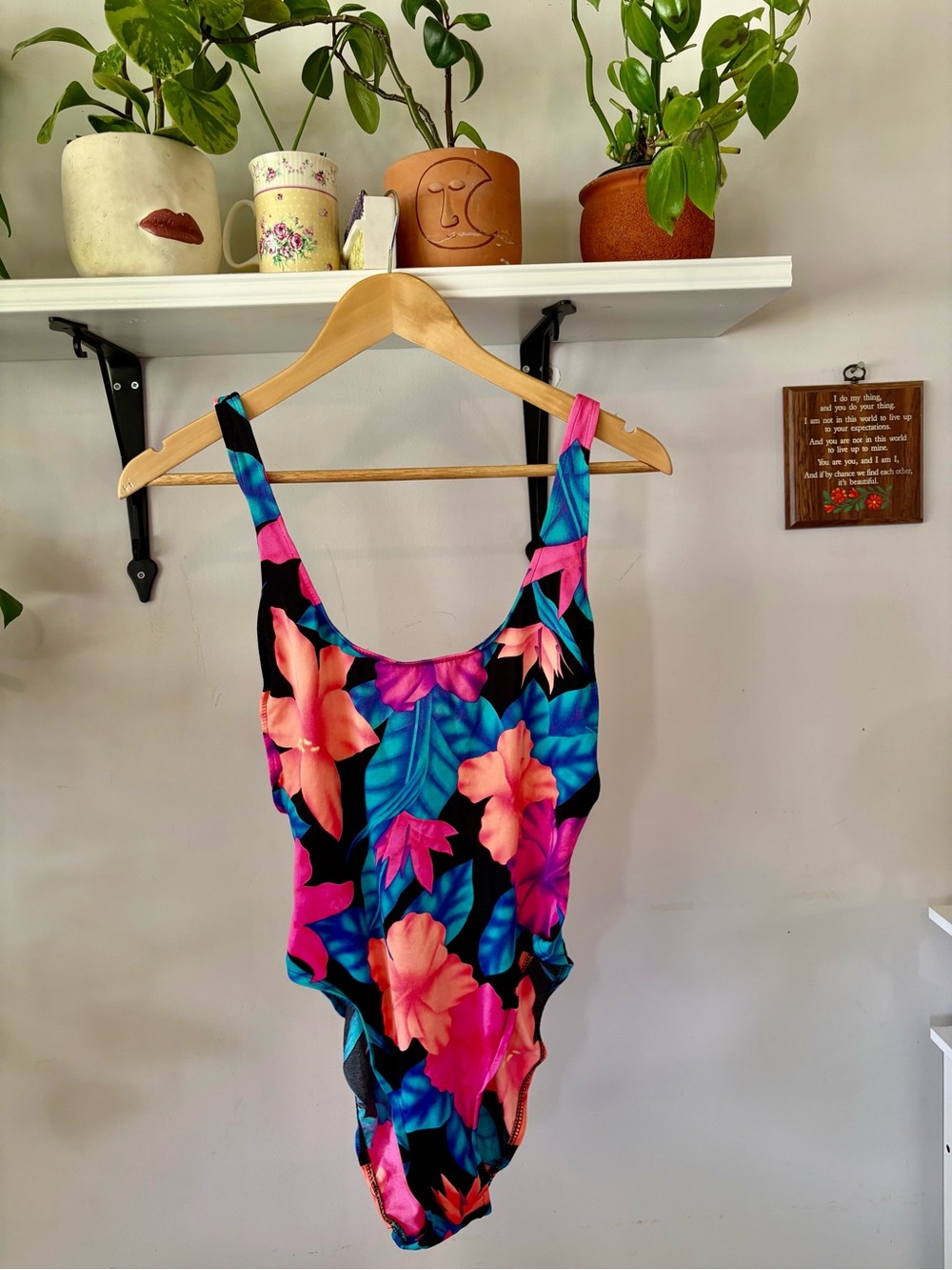 Ladies' Tropical Floral One-Piece Swimsuit — Black with Pink & Blue Floral